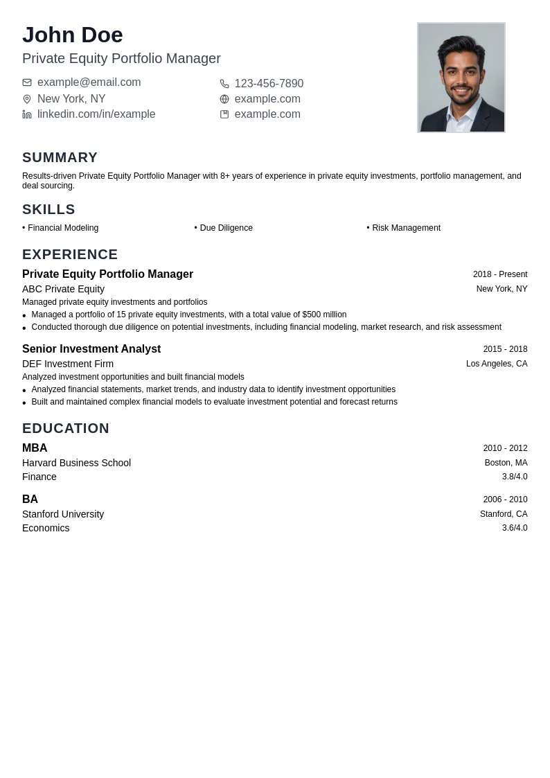 Private Equity Portfolio Manager resume example