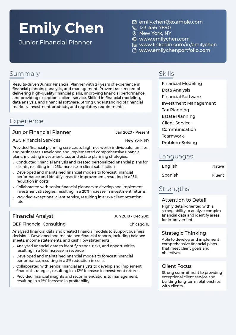 Junior Financial Planner resume example