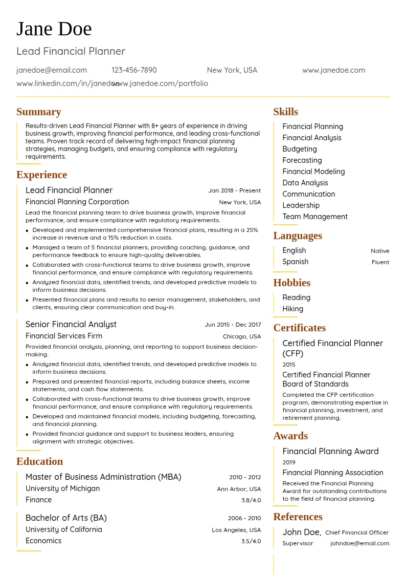 Lead Financial Planner resume example