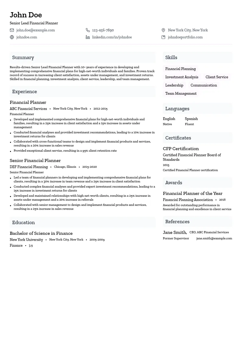 Senior Lead Financial Planner resume example