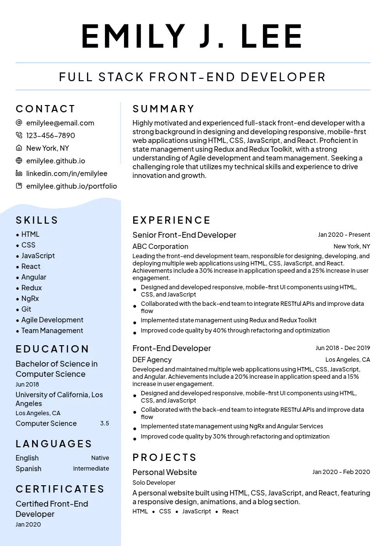 Full Stack Front-End Developer resume example