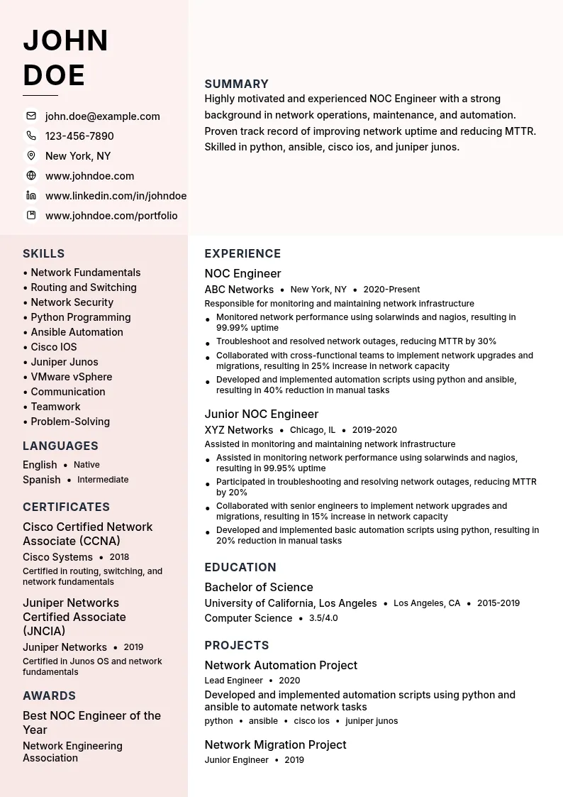 Network Operations Center (NOC) Engineer resume example