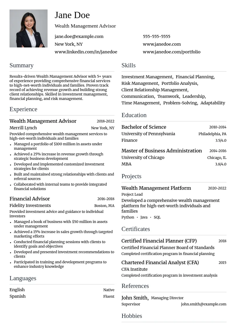 Wealth Management Advisor resume example