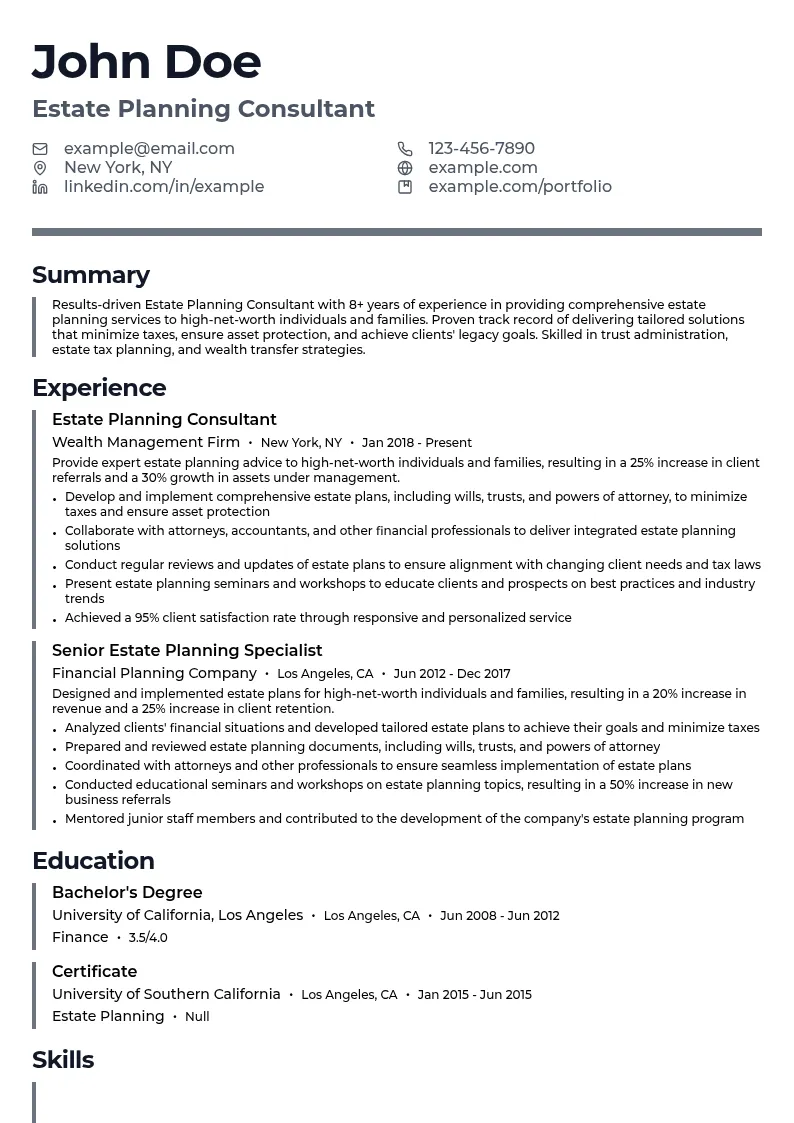 Estate Planning Consultant resume example