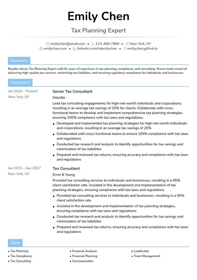 Tax Planning Expert resume example