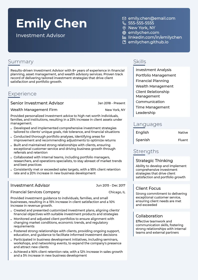 Investment Advisor resume example