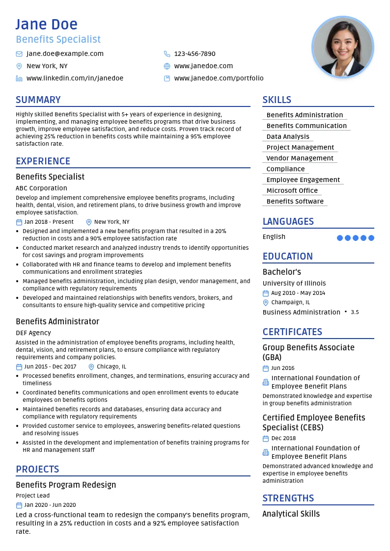 Benefits Specialist resume example