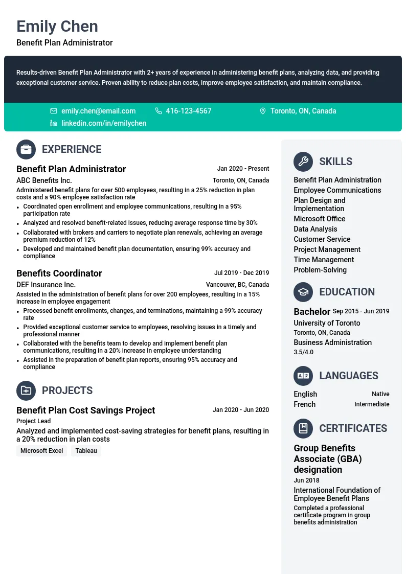 Benefit Plan Administrator resume example