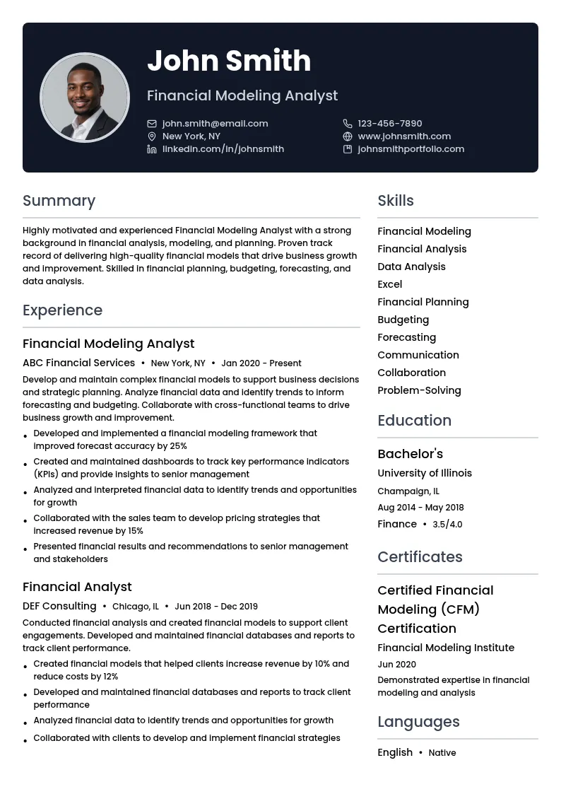 Financial Modeling Analyst resume example