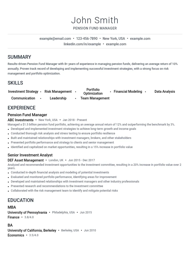 Pension Fund Manager resume example