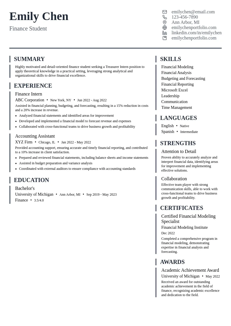 Treasurer Intern resume example