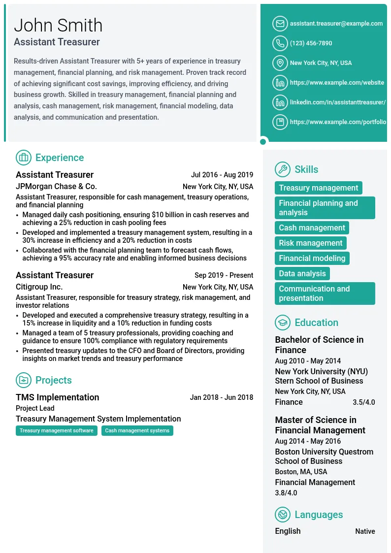 Assistant Treasurer resume example