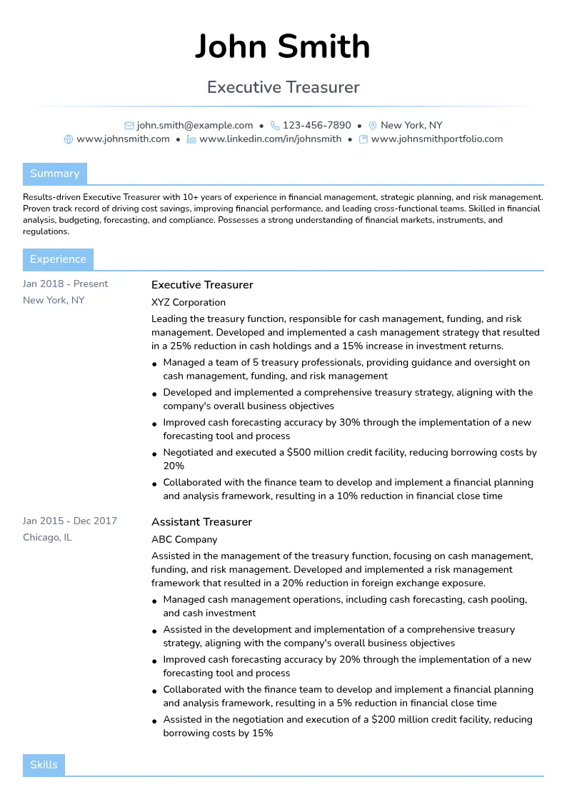 Executive Treasurer resume example