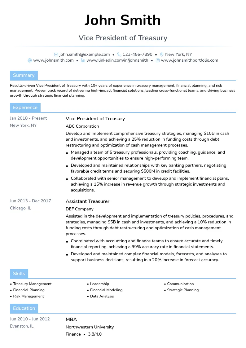 Vice President of Treasury resume example