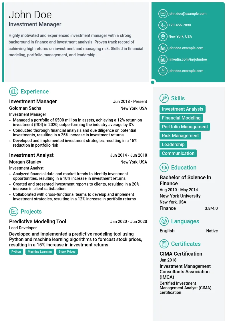 Investment Management resume example