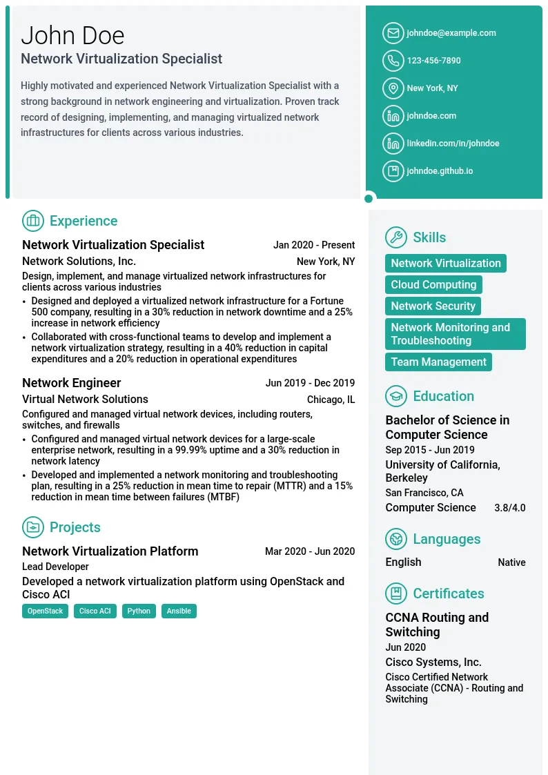 Network Virtualization Specialist resume example