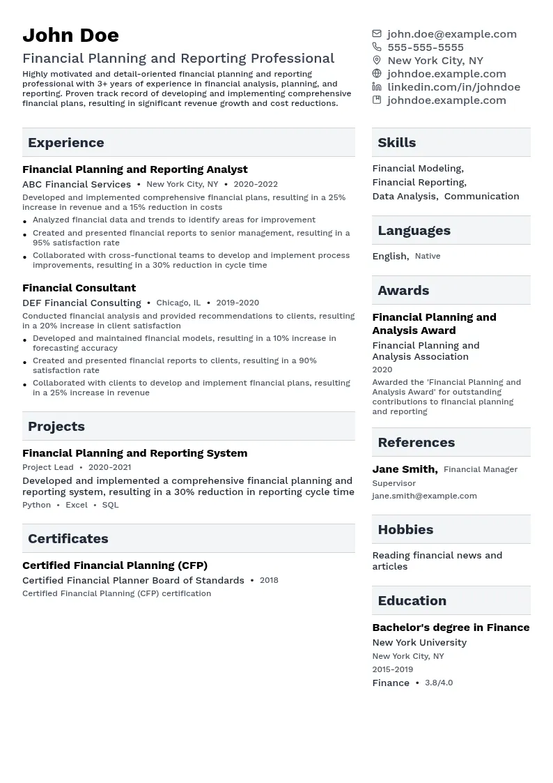 Financial Planning and Reporting resume example