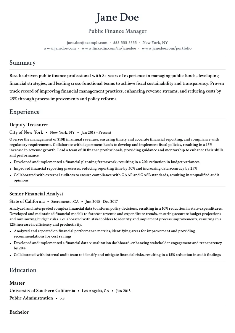 Public Finance Management resume example