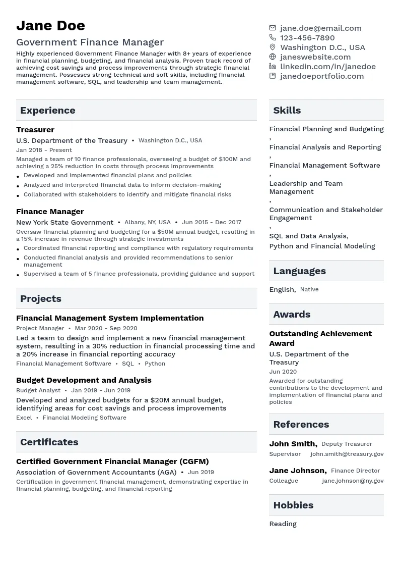 Government Finance Management resume example
