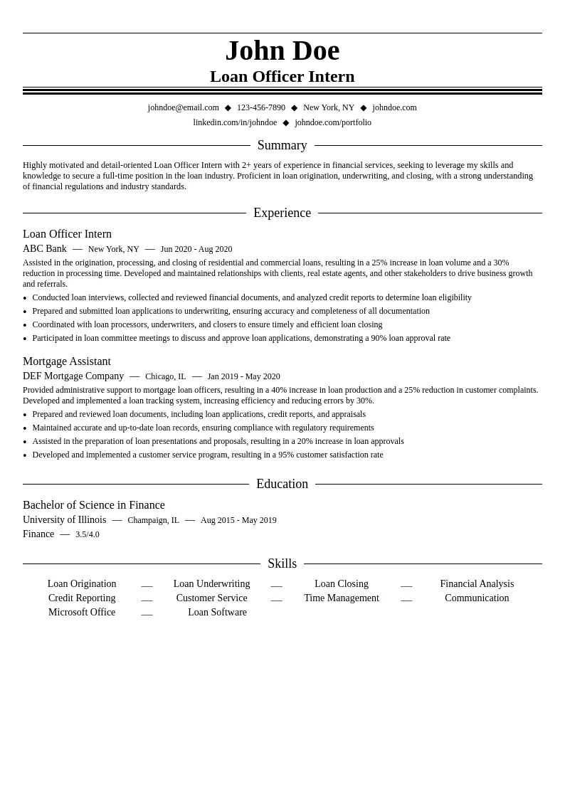 Loan Officer Intern resume example