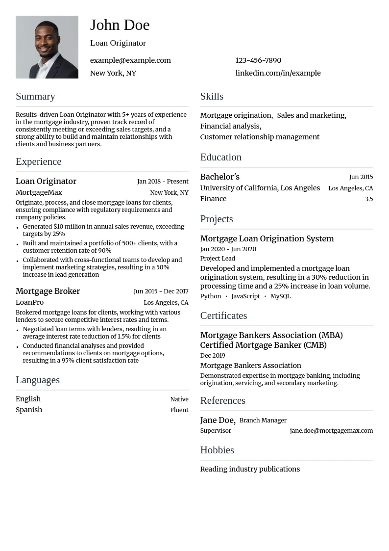 Loan Originator resume example