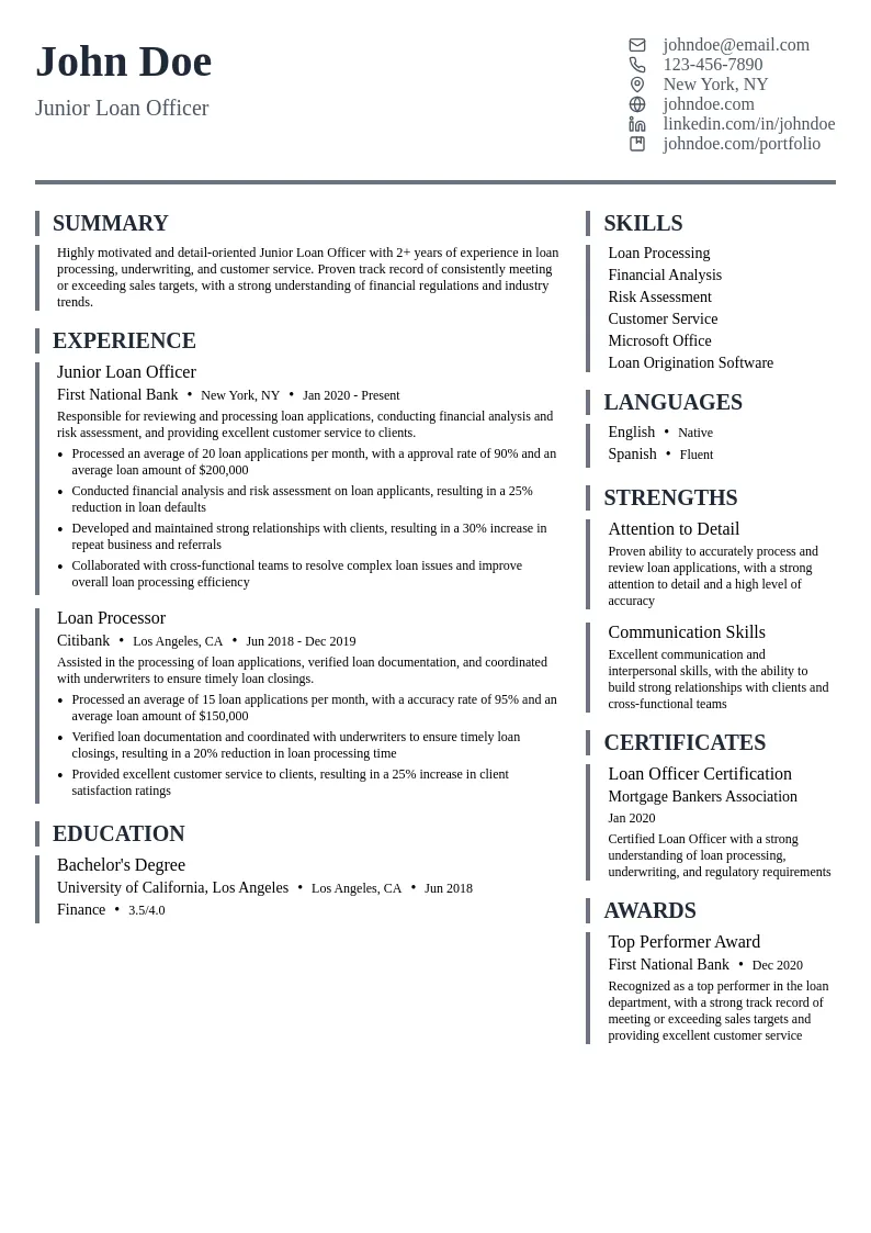 Junior Loan Officer resume example