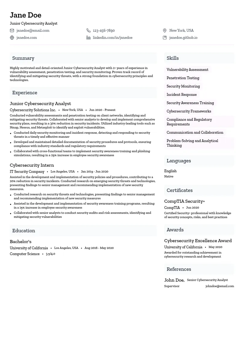 Junior Cybersecurity Analyst resume example