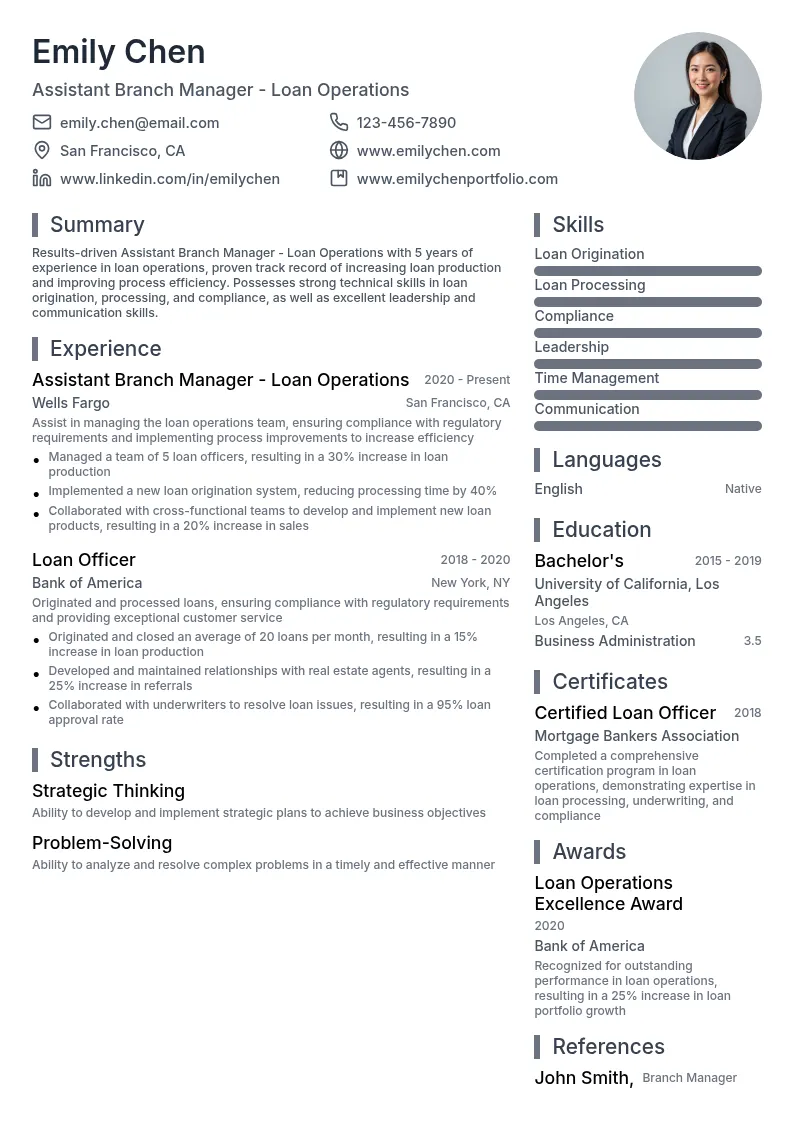 Assistant Branch Manager - Loan Operations resume example