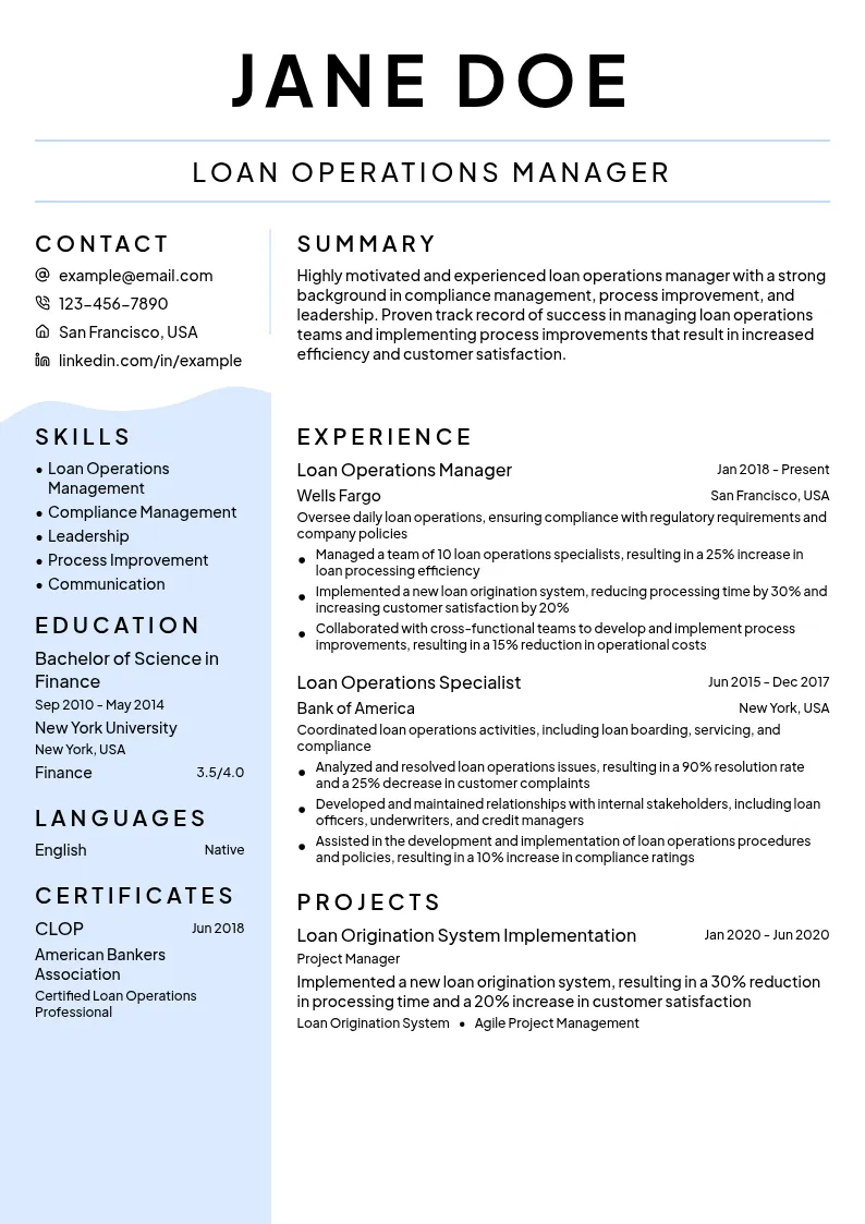 Loan Operations Manager resume example