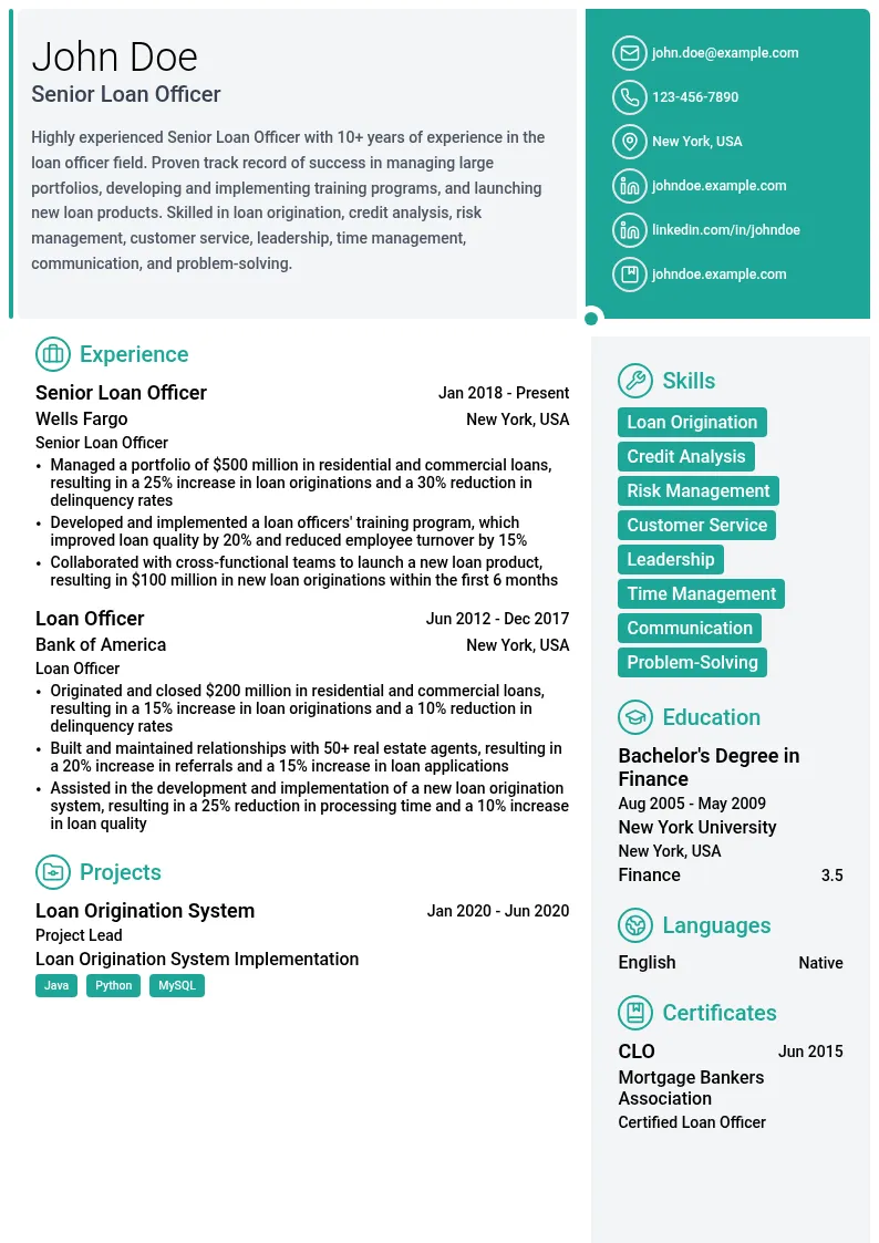 Senior Loan Officer resume example