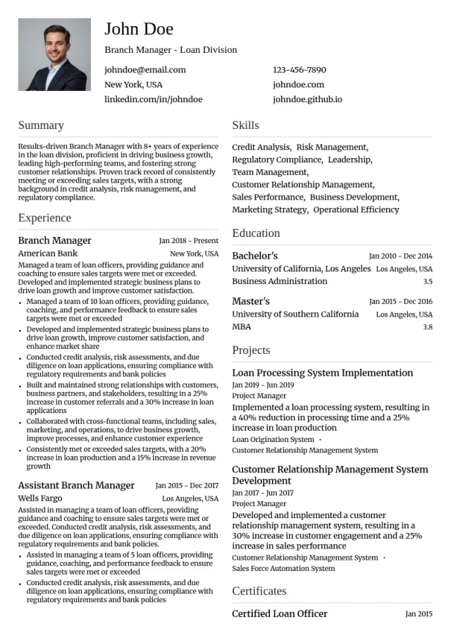 Branch Manager - Loan Division resume example