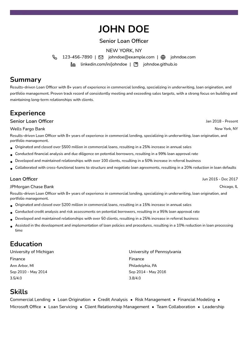 Commercial Loan Specialization resume example