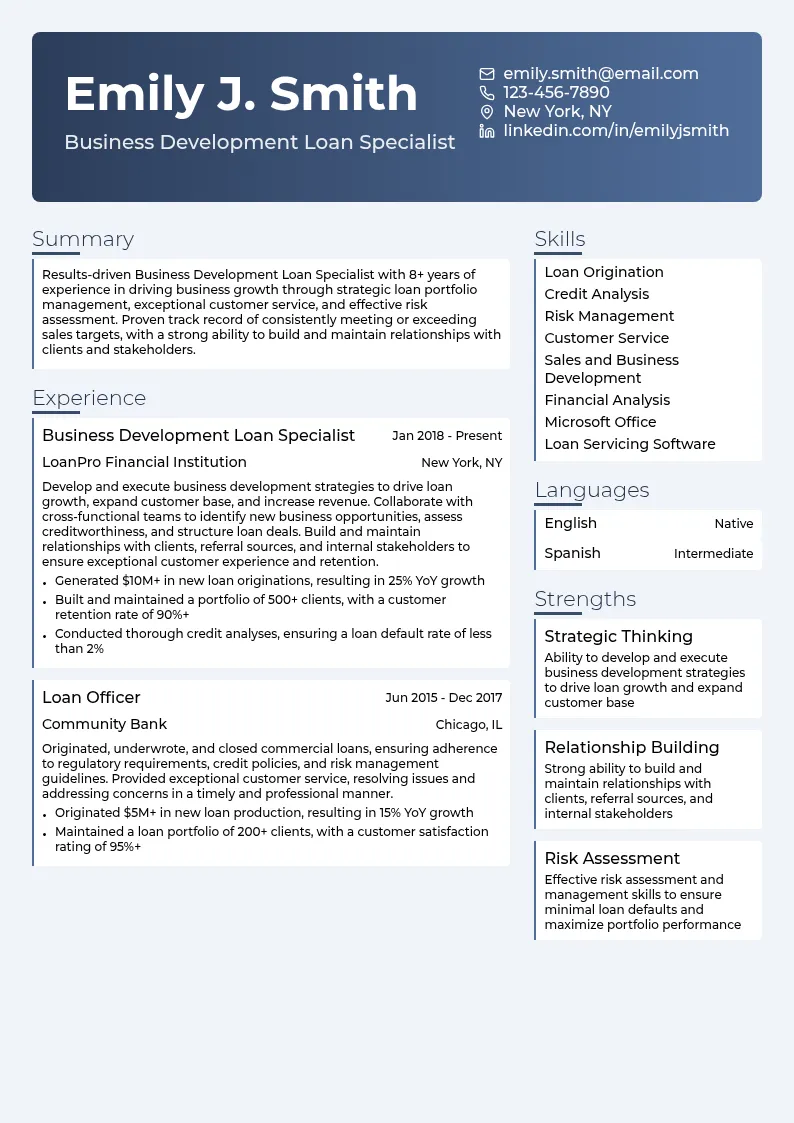 Business Development Loan Specialist resume example