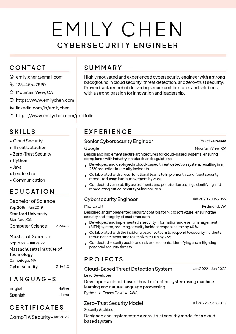 Cybersecurity Engineer resume example