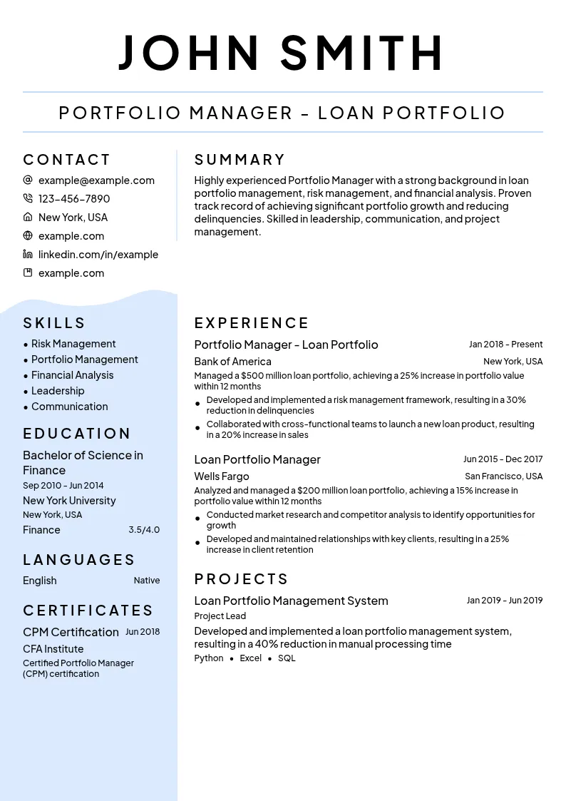 Portfolio Manager - Loan Portfolio resume example