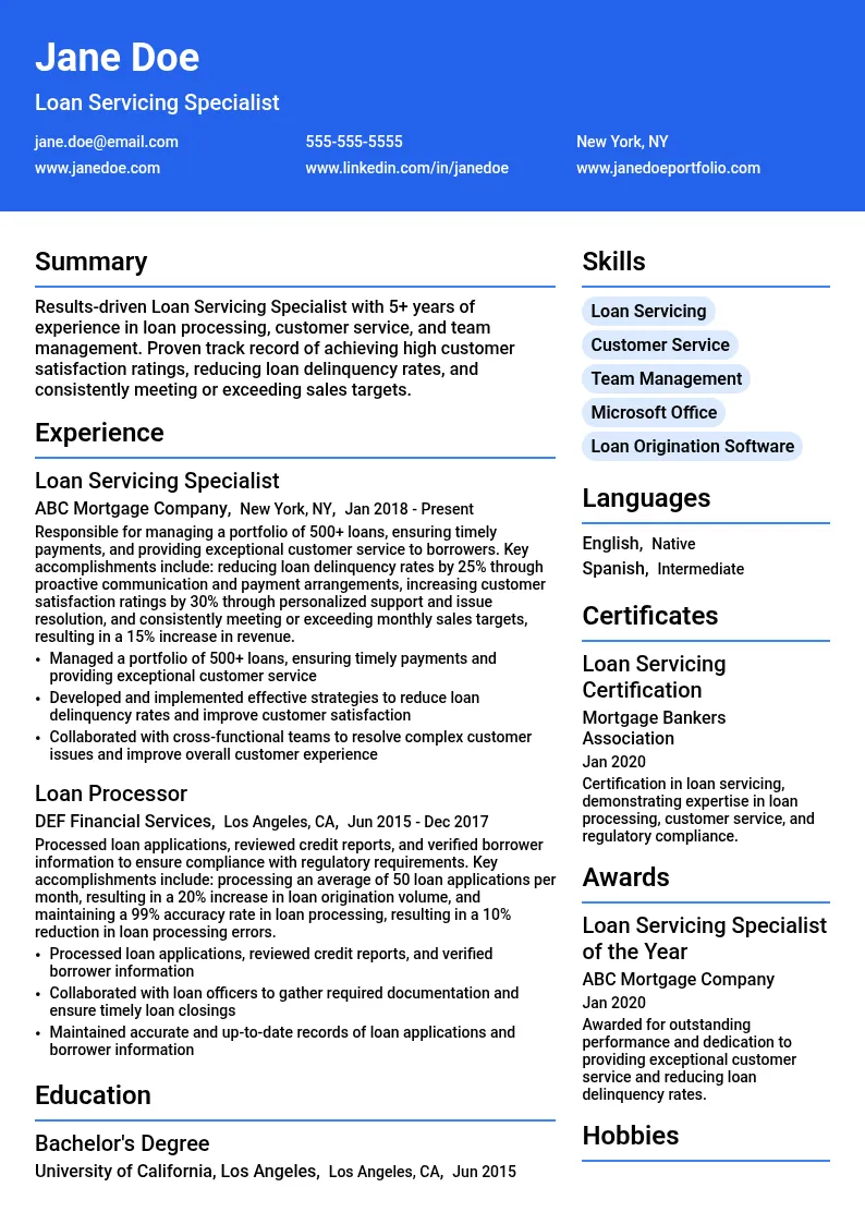 Loan Servicing Specialist resume example