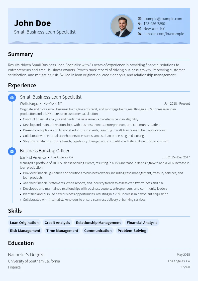 Small Business Loan Specialist resume example