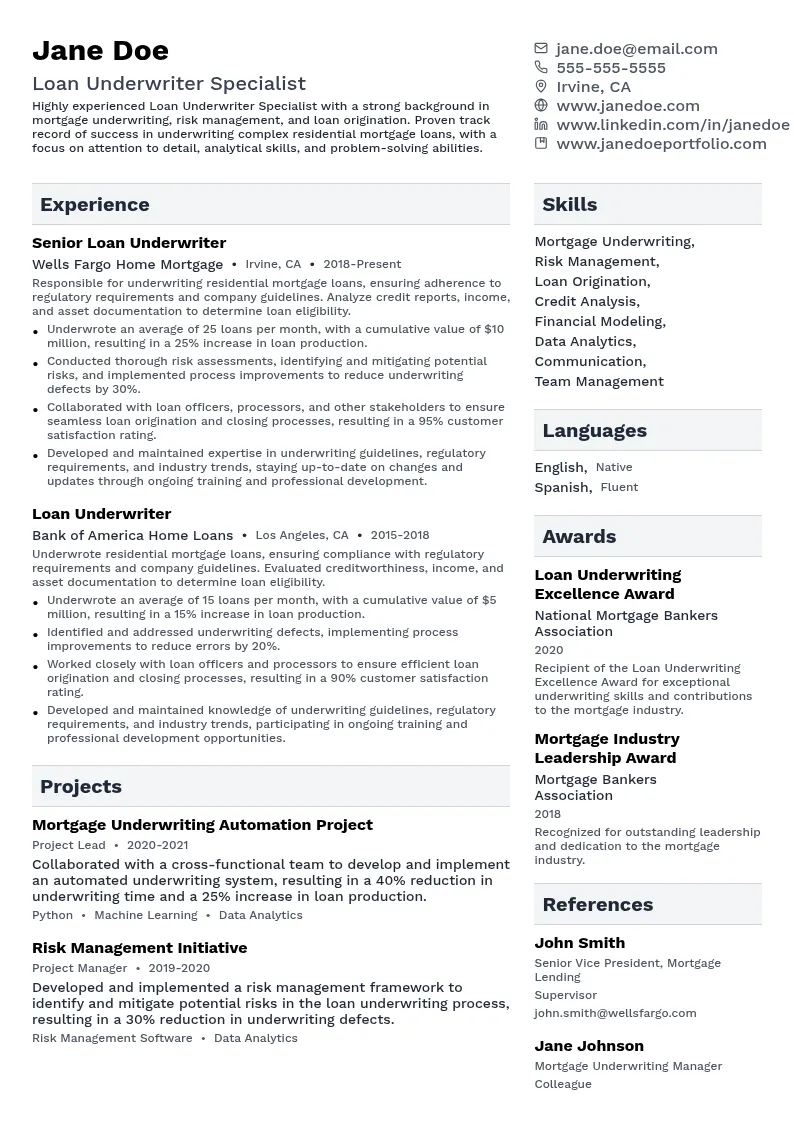 Loan Underwriter Specialist resume example