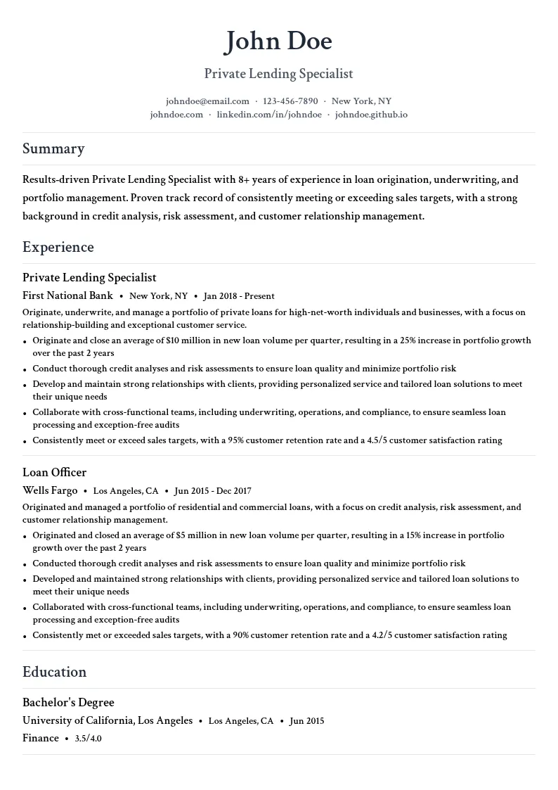 Private Lending Specialist resume example