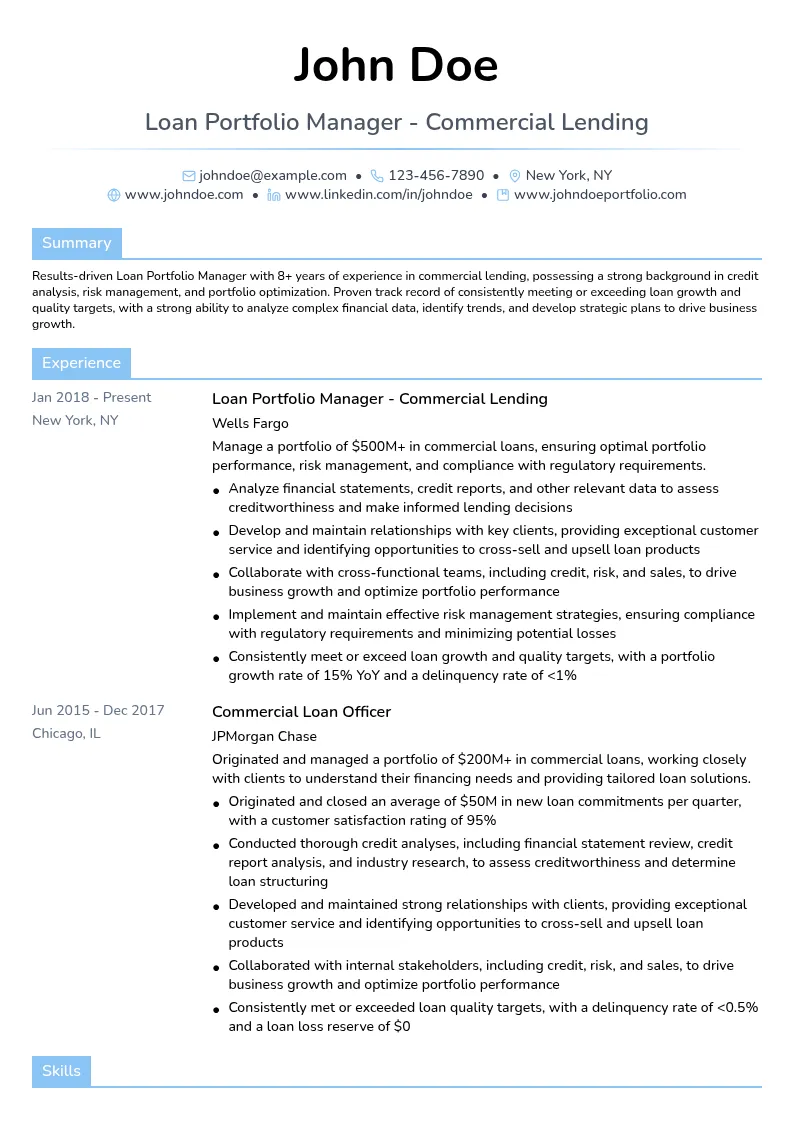 Loan Portfolio Manager - Commercial Lending resume example