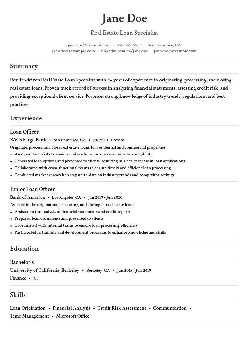 Real Estate Loan Specialist resume example