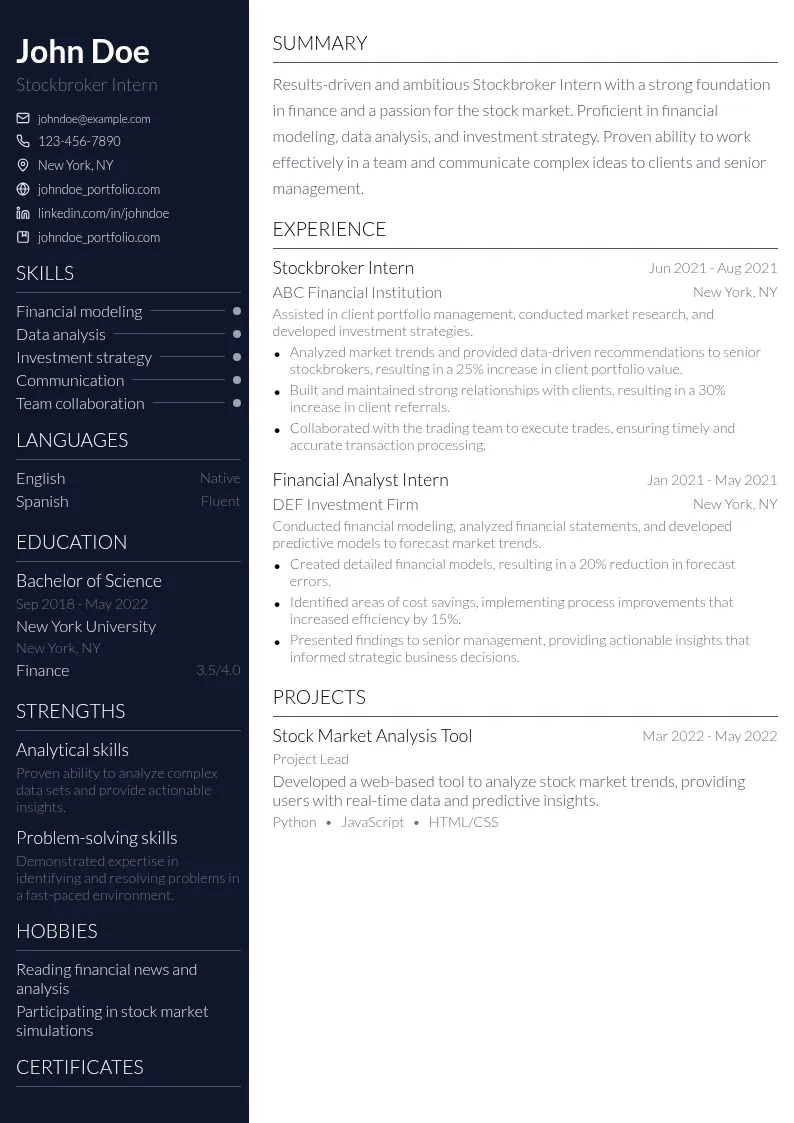 Stockbroker Intern resume example