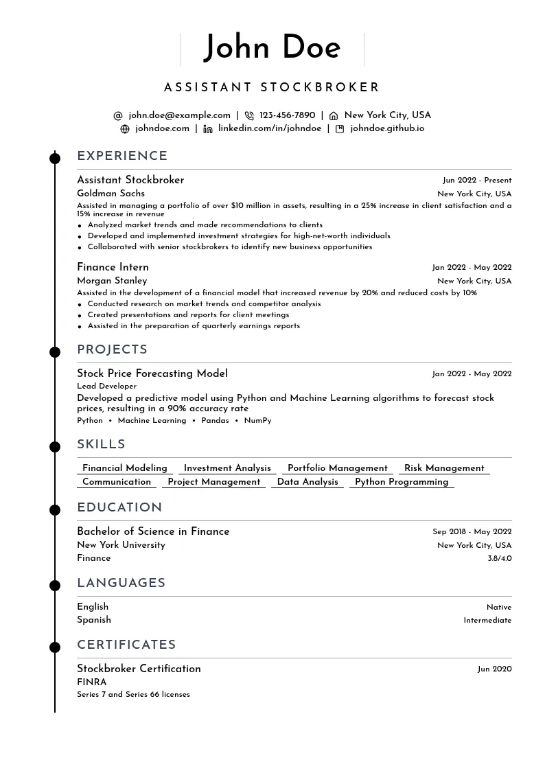 Assistant Stockbroker resume example