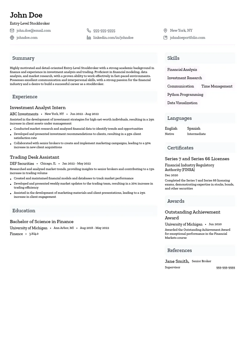 Entry-Level Stockbroker resume example