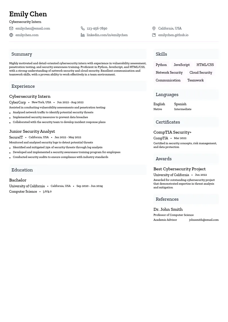 Cybersecurity Intern resume example