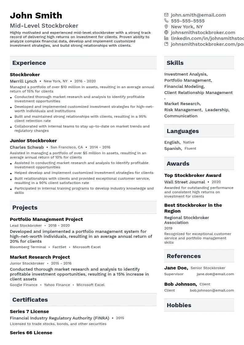 Mid-Level Stockbroker resume example