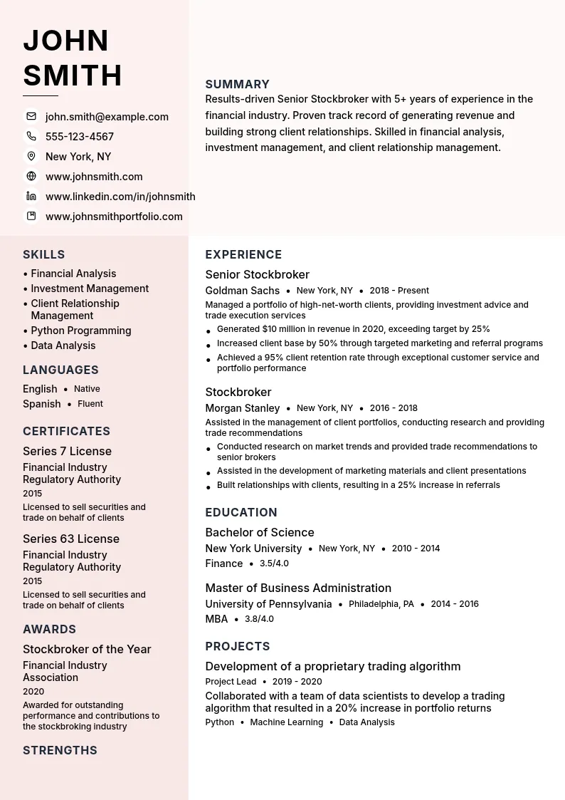 Senior Stockbroker resume example
