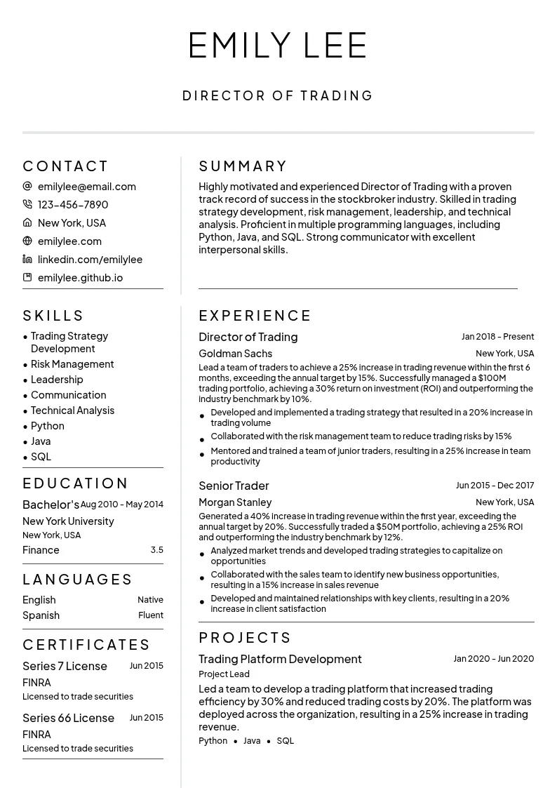 Director of Trading resume example
