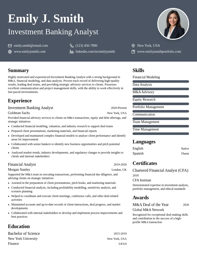 Investment Banking Analyst with a focus on Mergers & Acquisitions resume example