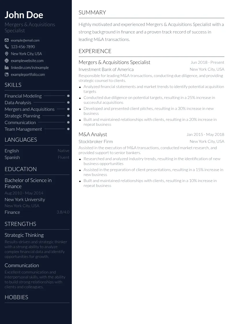 Mergers & Acquisitions Specialist resume example